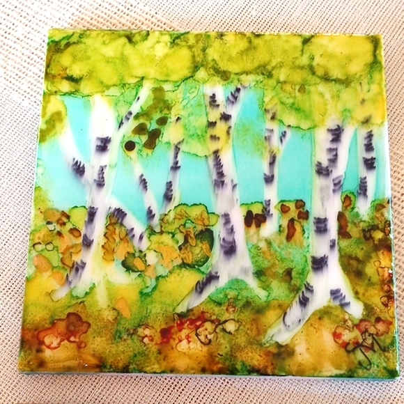 REDUCED Handmade and Hand Painted Birch Tree Ceramic Resin Coasters (Set of 4) - Picture 4 of 8